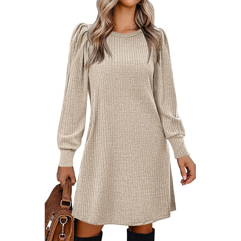 Women's Puff Sleeve Midi Dress - 2025 Spring Fall Casual Long Sleeve Round Neck Dress