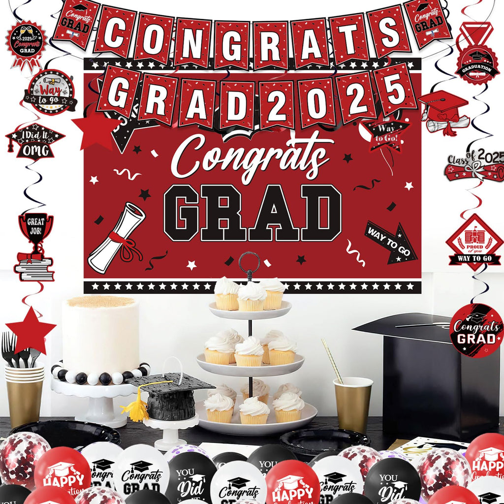Graduation Decorations Class Of 2025 Set, Red Theme Graduation Party Supplies Of 50 Congrats Grad Banner Class Of 2025 Backdrop Balloons Hanging Swirls For High School College Celebrations