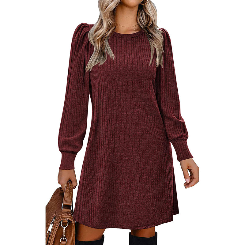 Women's Puff Sleeve Midi Dress - 2025 Spring Fall Casual Long Sleeve Round Neck Dress