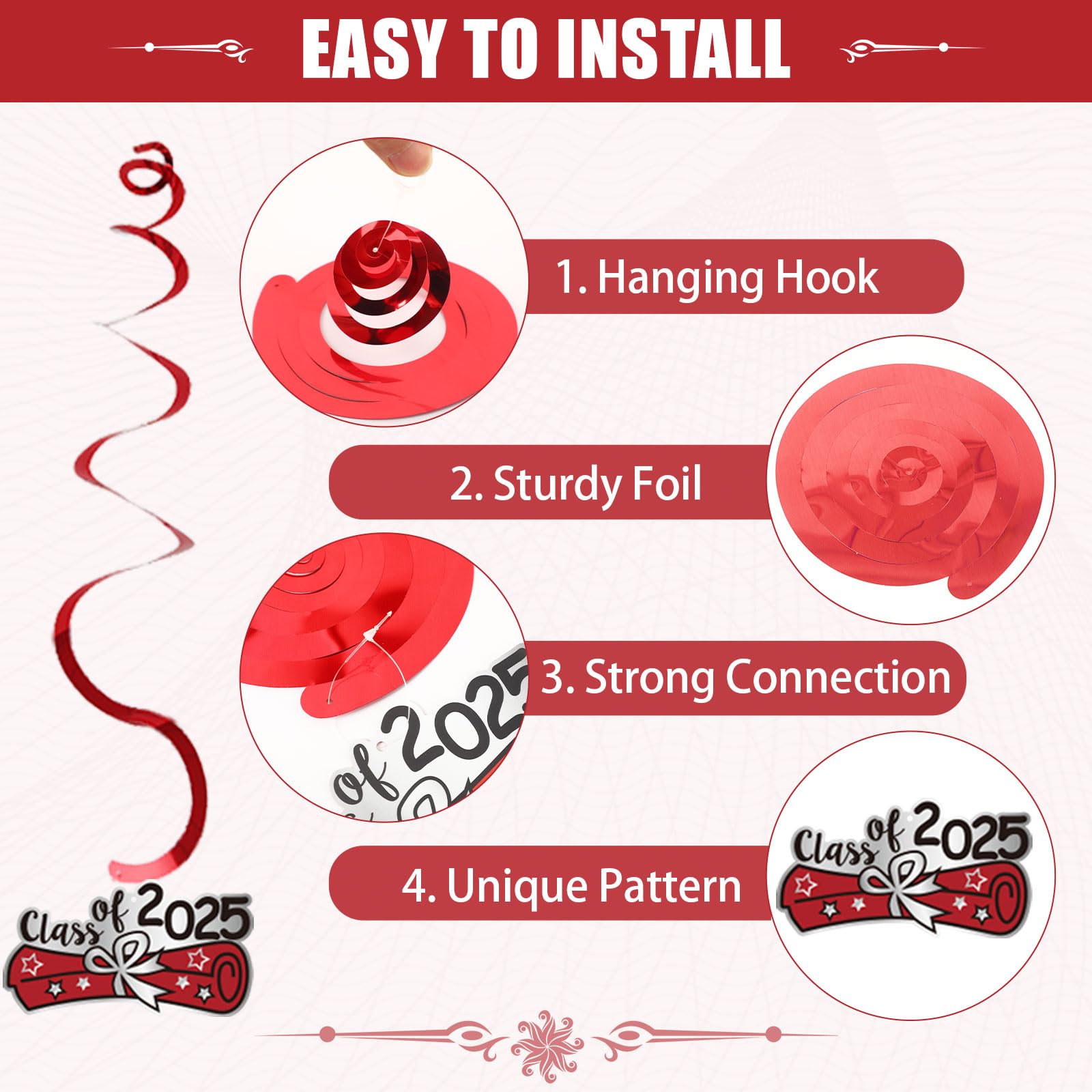 Graduation Decorations Class Of 2025 Set, Red Theme Graduation Party Supplies Of 50 Congrats Grad Banner Class Of 2025 Backdrop Balloons Hanging Swirls For High School College Celebrations