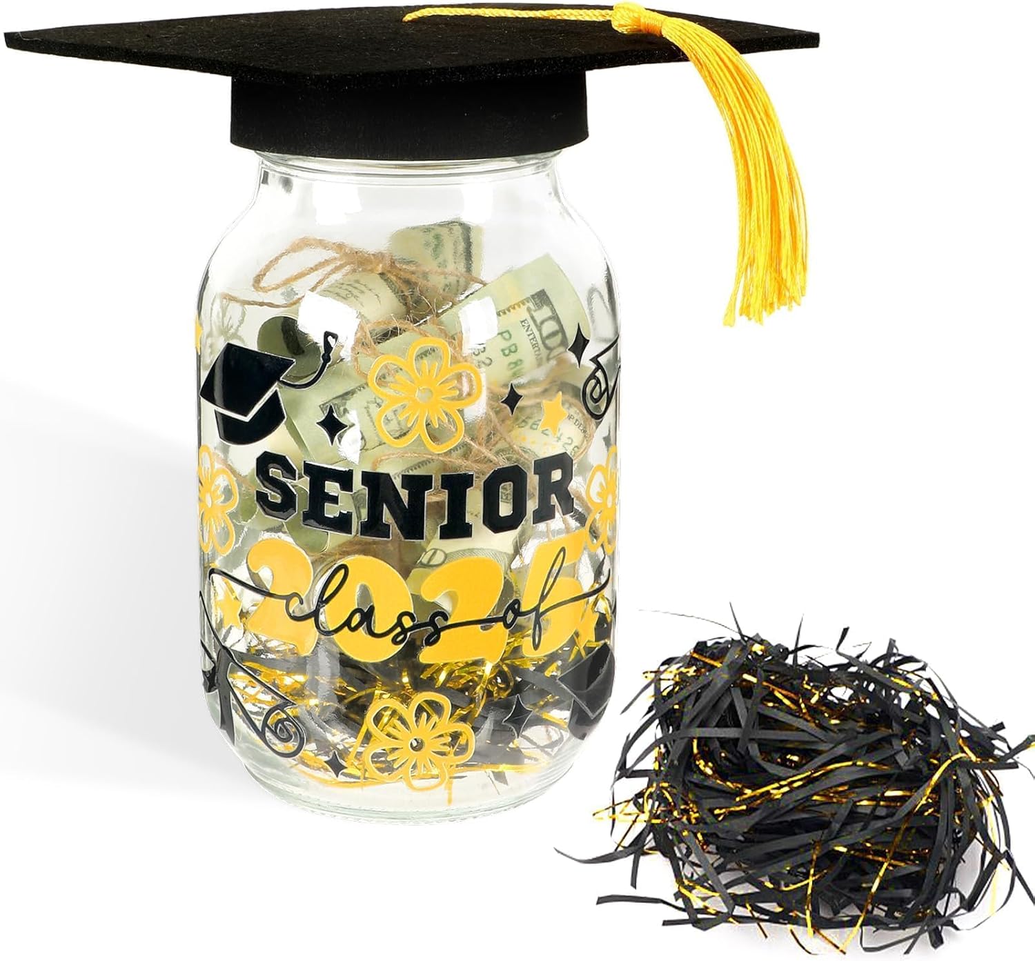 Graduation Gifts 2025, Graduation Cap Money Holder Graduation Mason Jar Decorations With Graduation Cap And Raffia Personalized Graduation Party Favors Centerpieces With Class Of 2025 Stickers Gifts