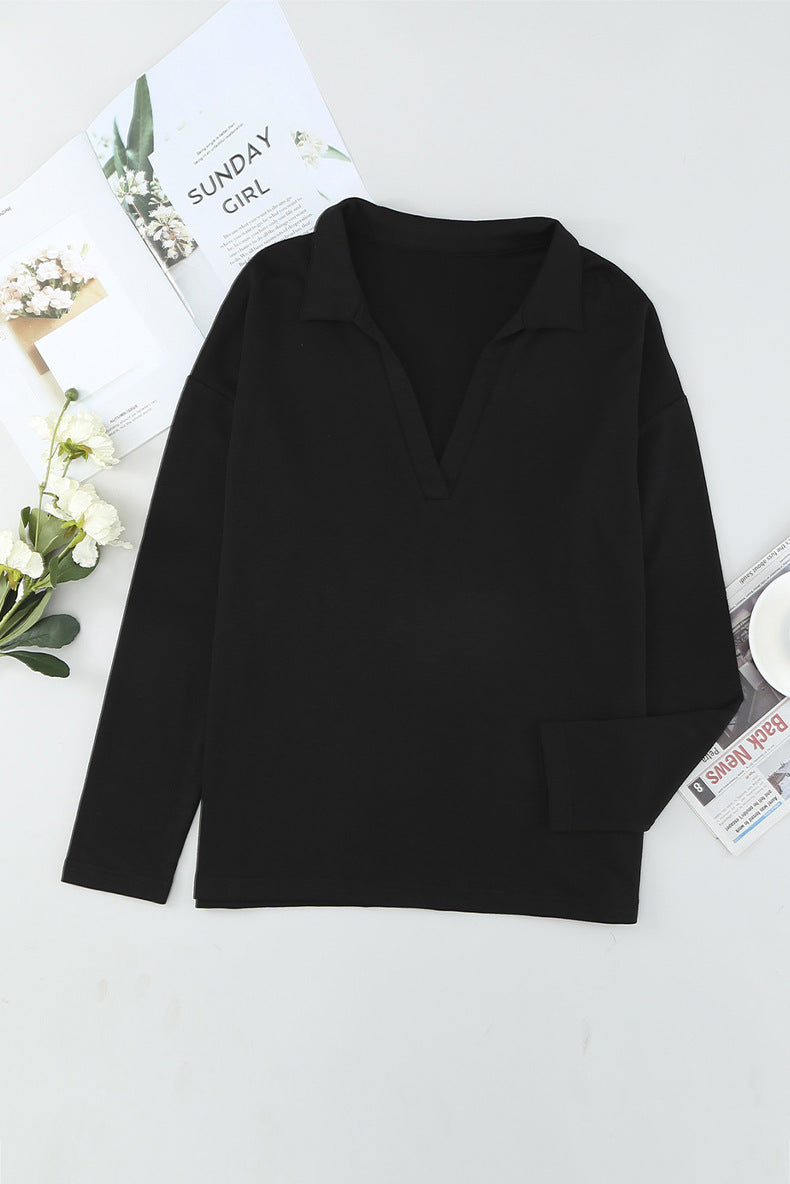 Loose V-neck Pullover Solid Color Stand-up Collar Sweater