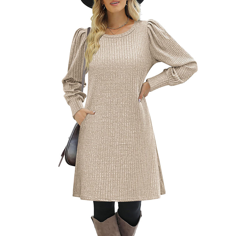 Women's Puff Sleeve Midi Dress - 2025 Spring Fall Casual Long Sleeve Round Neck Dress