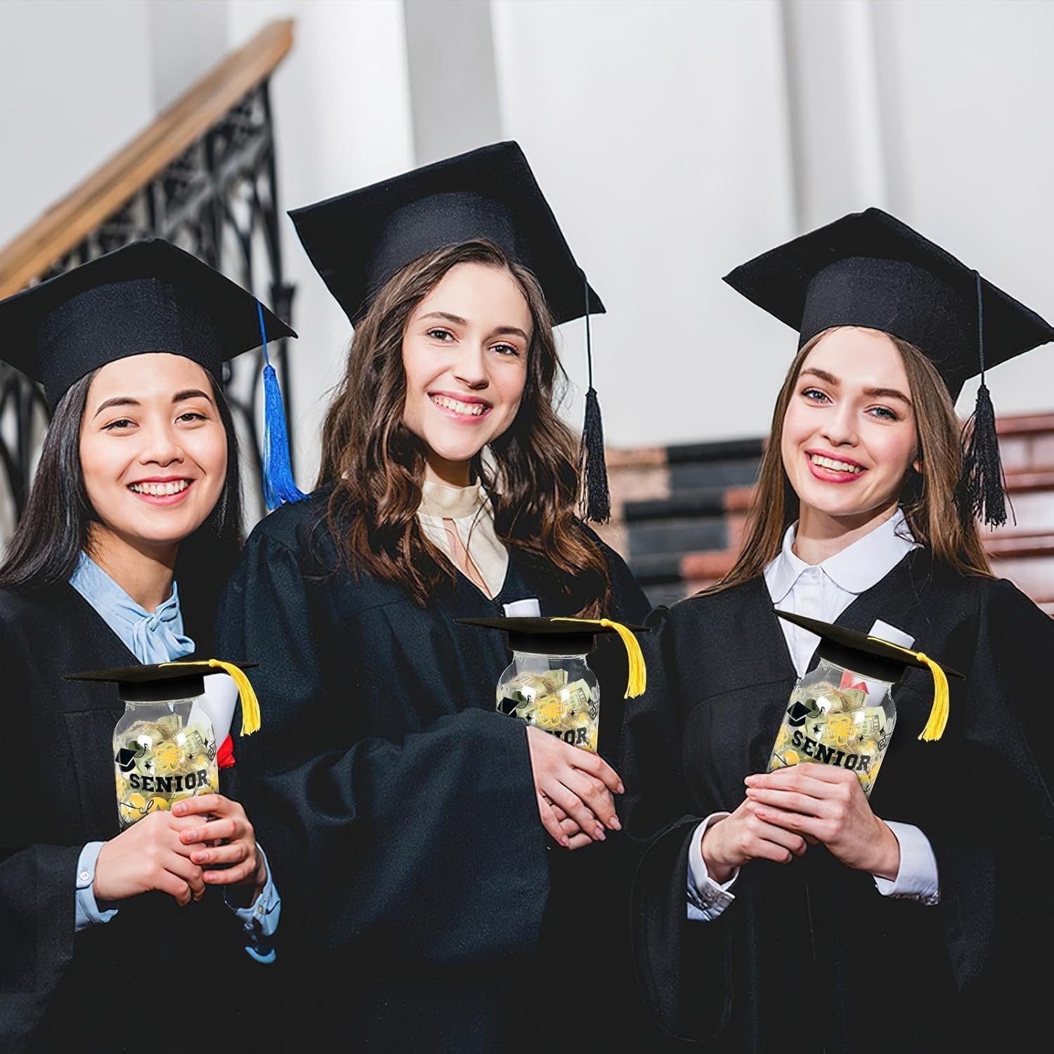 Graduation Gifts 2025, Graduation Cap Money Holder Graduation Mason Jar Decorations With Graduation Cap And Raffia Personalized Graduation Party Favors Centerpieces With Class Of 2025 Stickers Gifts