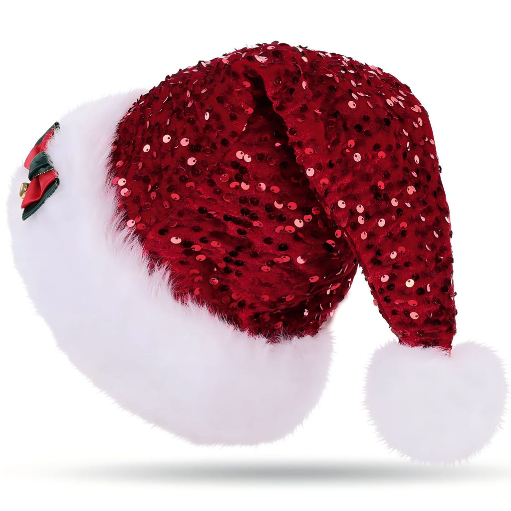Christmas Hat With Red Sequins And Bow Design Warm Plush Decorative Hat, Christmas Enlarged And Thickened Long Haired Hat