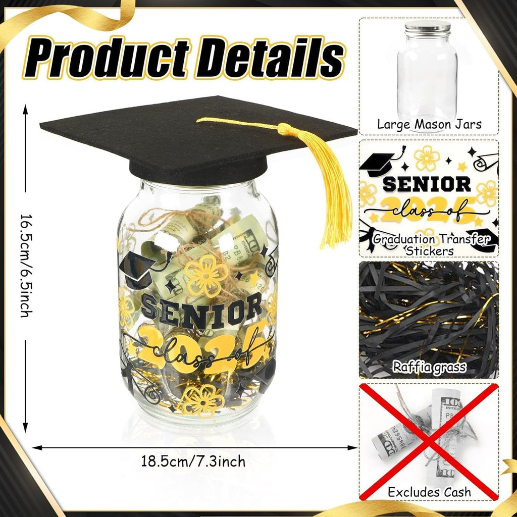 Graduation Gifts 2025, Graduation Cap Money Holder Graduation Mason Jar Decorations With Graduation Cap And Raffia Personalized Graduation Party Favors Centerpieces With Class Of 2025 Stickers Gifts