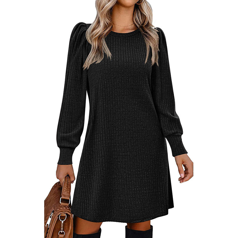 Women's Puff Sleeve Midi Dress - 2025 Spring Fall Casual Long Sleeve Round Neck Dress