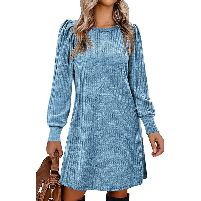 Women's Puff Sleeve Midi Dress - 2025 Spring Fall Casual Long Sleeve Round Neck Dress