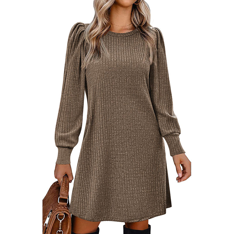 Women's Puff Sleeve Midi Dress - 2025 Spring Fall Casual Long Sleeve Round Neck Dress