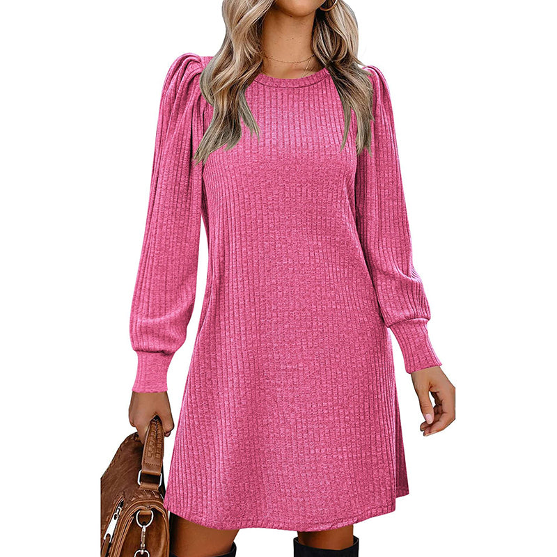 Women's Puff Sleeve Midi Dress - 2025 Spring Fall Casual Long Sleeve Round Neck Dress