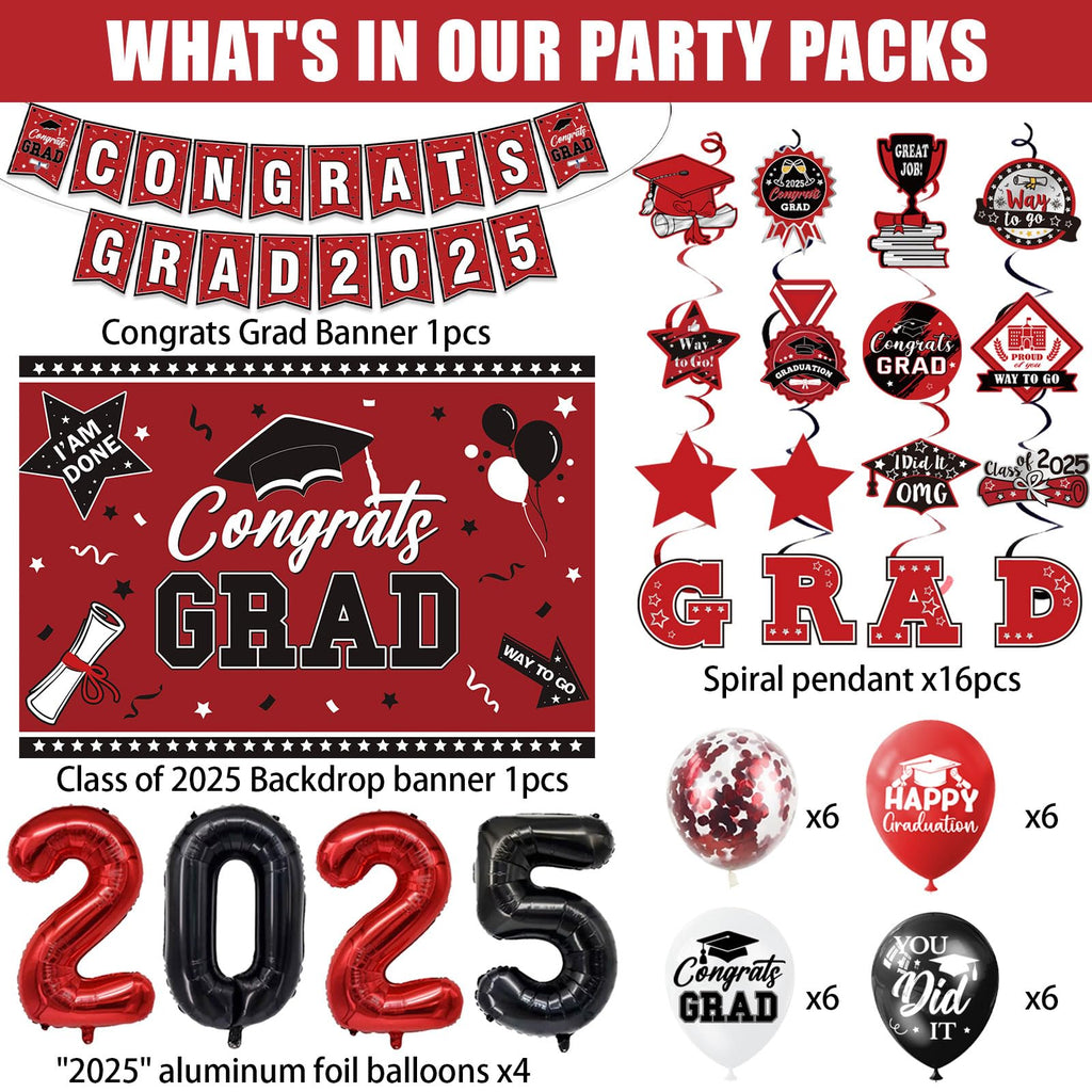 Graduation Decorations Class Of 2025 Set, Red Theme Graduation Party Supplies Of 50 Congrats Grad Banner Class Of 2025 Backdrop Balloons Hanging Swirls For High School College Celebrations