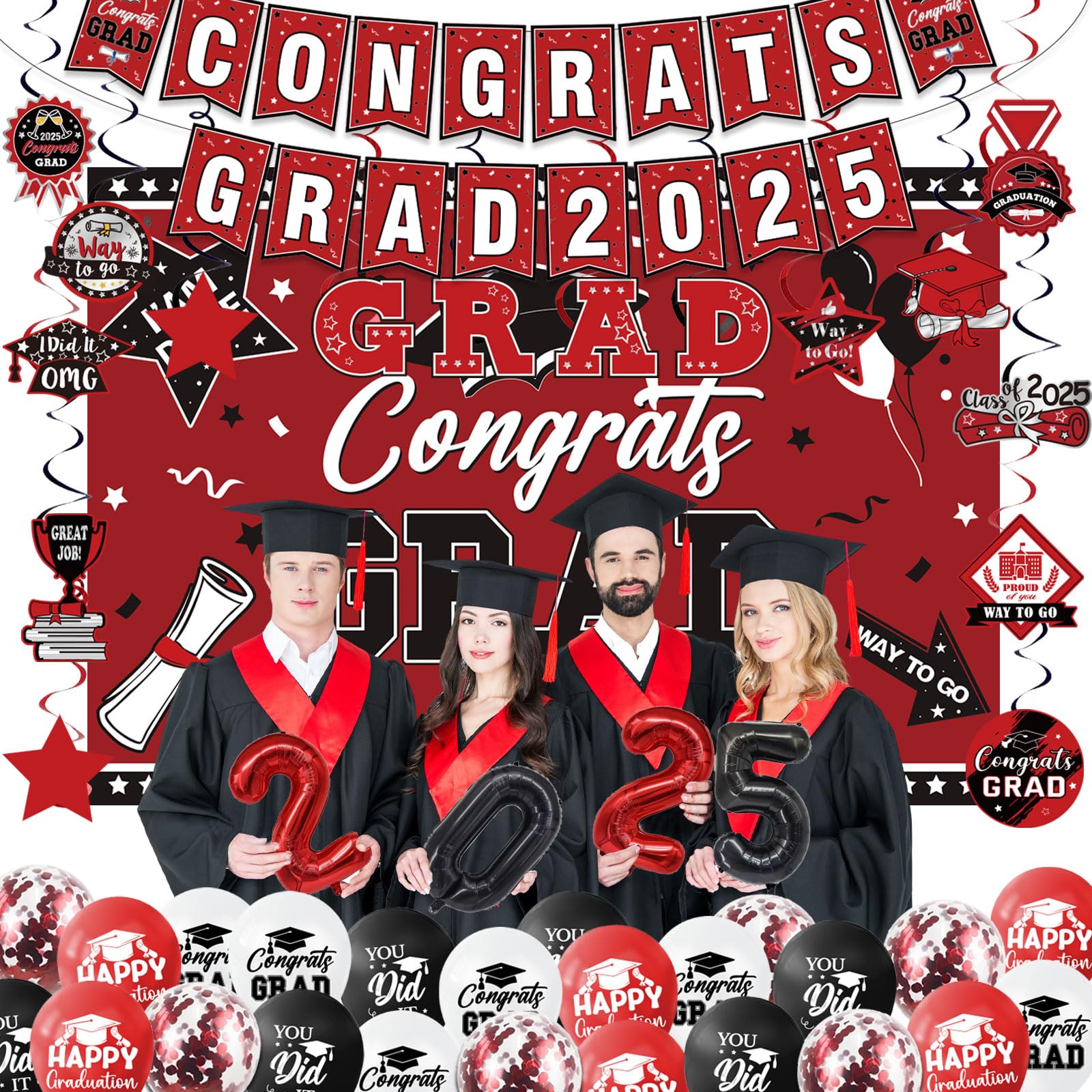 Graduation Decorations Class Of 2025 Set, Red Theme Graduation Party Supplies Of 50 Congrats Grad Banner Class Of 2025 Backdrop Balloons Hanging Swirls For High School College Celebrations