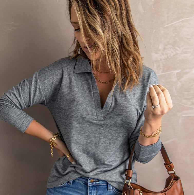 Loose V-neck Pullover Solid Color Stand-up Collar Sweater