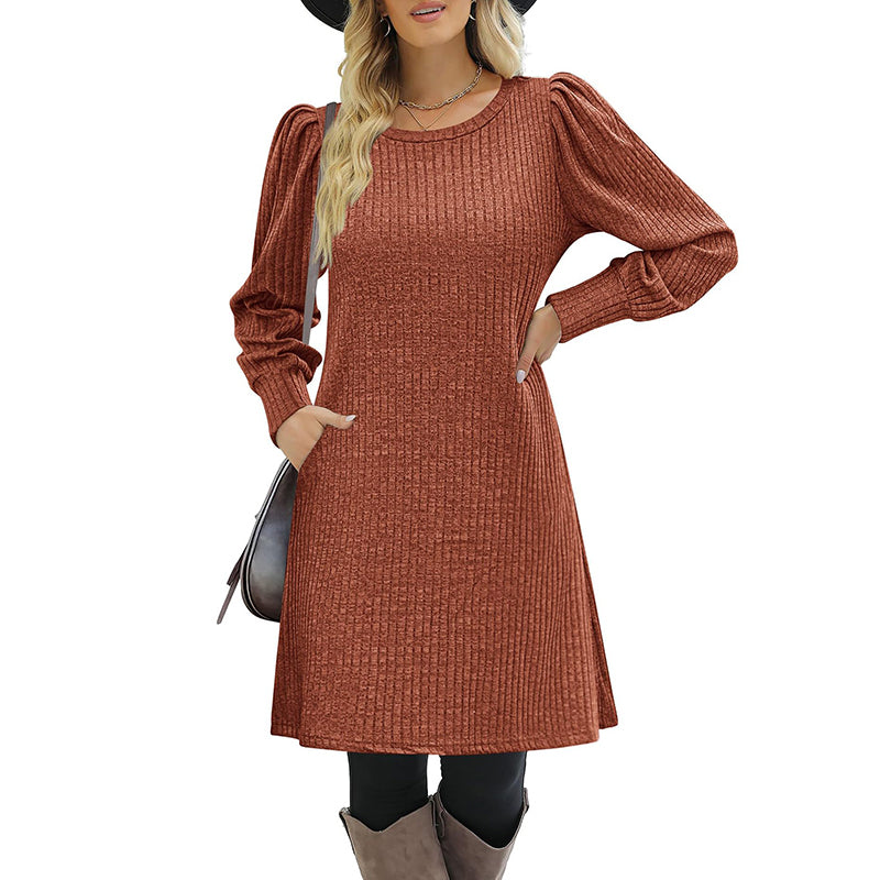 Women's Puff Sleeve Midi Dress - 2025 Spring Fall Casual Long Sleeve Round Neck Dress