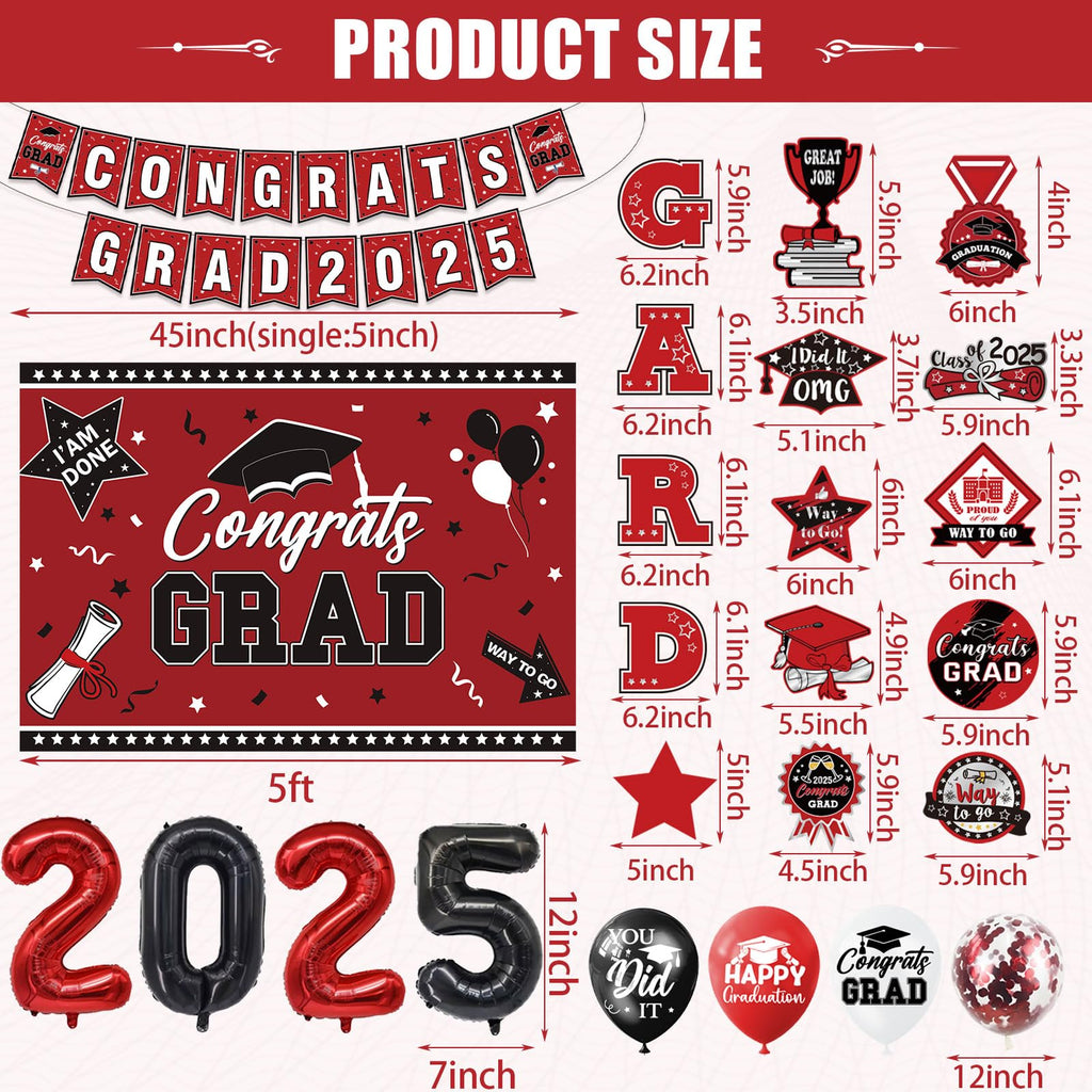 Graduation Decorations Class Of 2025 Set, Red Theme Graduation Party Supplies Of 50 Congrats Grad Banner Class Of 2025 Backdrop Balloons Hanging Swirls For High School College Celebrations