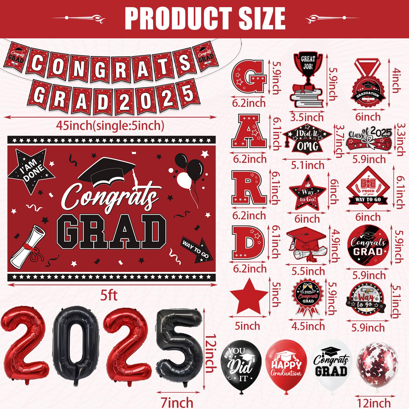 Graduation Decorations Class Of 2025 Set, Red Theme Graduation Party Supplies Of 50 Congrats Grad Banner Class Of 2025 Backdrop Balloons Hanging Swirls For High School College Celebrations