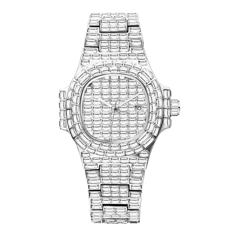 Full Square Diamond Casual Trend Waterproof Calendar Quartz Watch