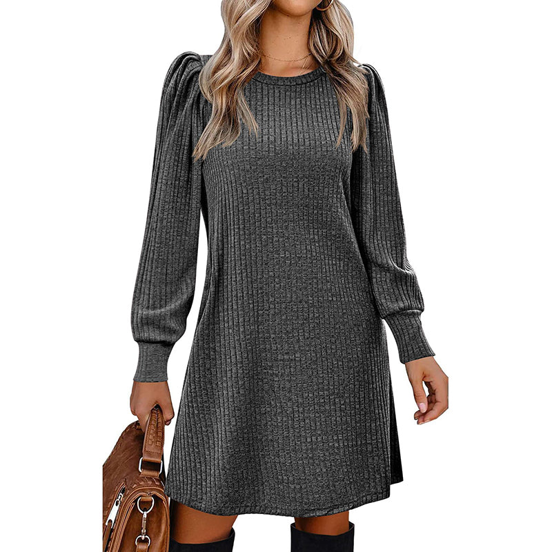 Women's Puff Sleeve Midi Dress - 2025 Spring Fall Casual Long Sleeve Round Neck Dress